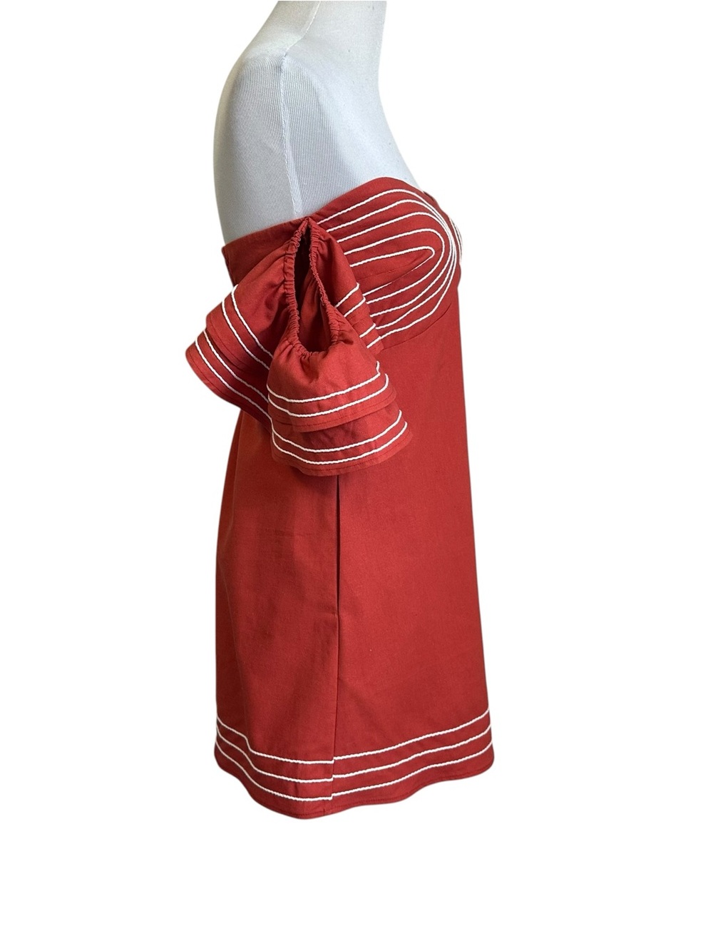 Strut & Bolt Off Shoulder Embroidered Linen Mini Dress Sz Small Terracotta Lined - Picture 7 of 13